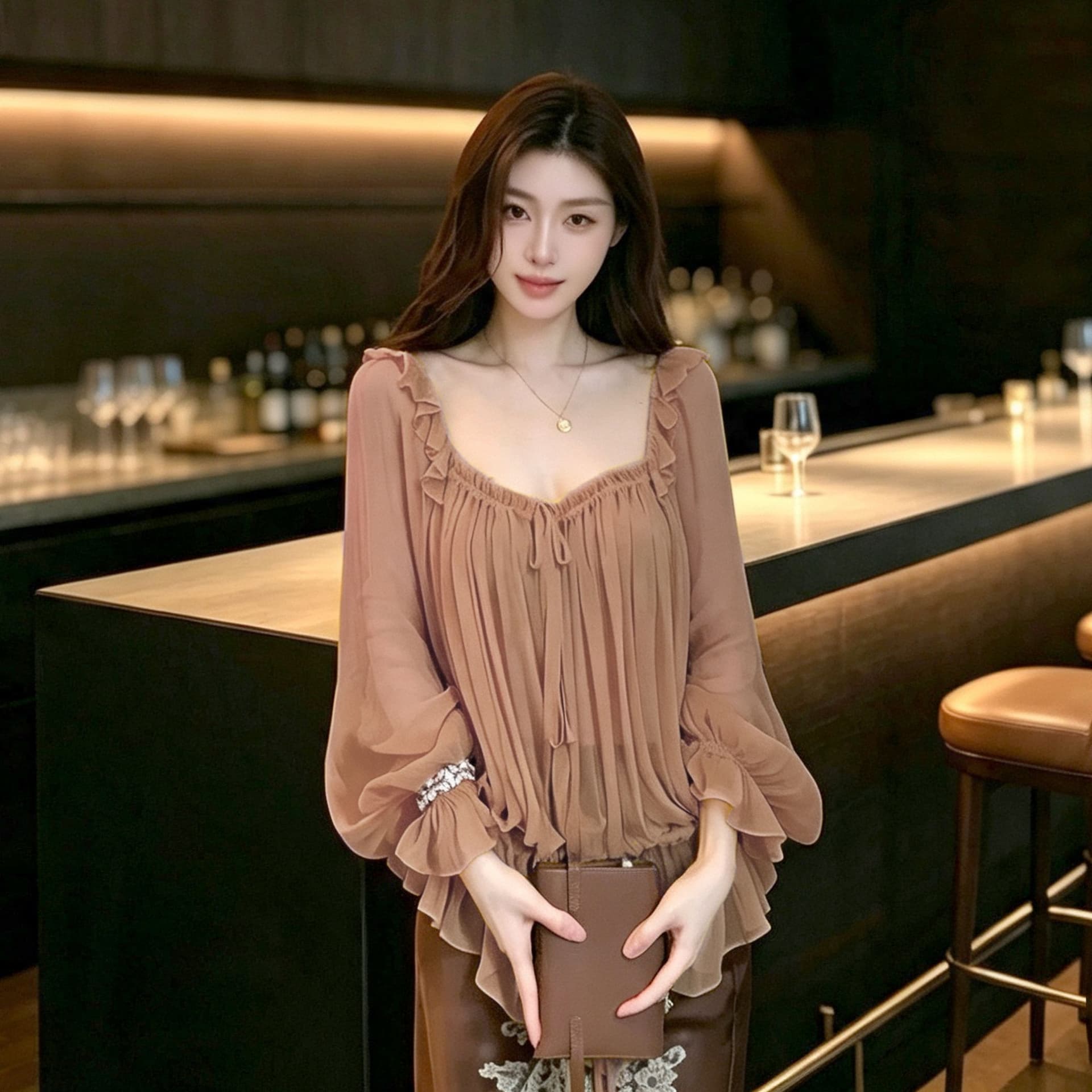 투피스 세트 프랑스식 질감 레이스업 이른 가을 여성 프릴 광장 칼라 부서 사람들을 데려 오라. 실크 긴팔 블라우스 품격 맨위