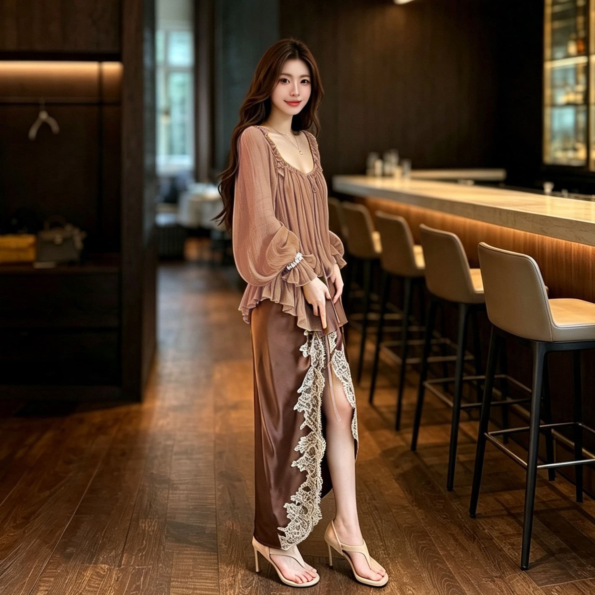 투피스 세트 프랑스식 질감 레이스업 이른 가을 여성 프릴 광장 칼라 부서 사람들을 데려 오라. 실크 긴팔 블라우스 품격 맨위 이미지 3