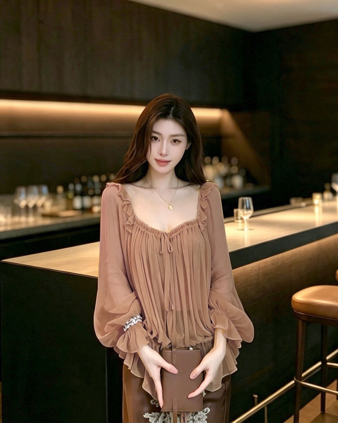 투피스 세트 프랑스식 질감 레이스업 이른 가을 여성 프릴 광장 칼라 부서 사람들을 데려 오라. 실크 긴팔 블라우스 품격 맨위 상세 이미지 2