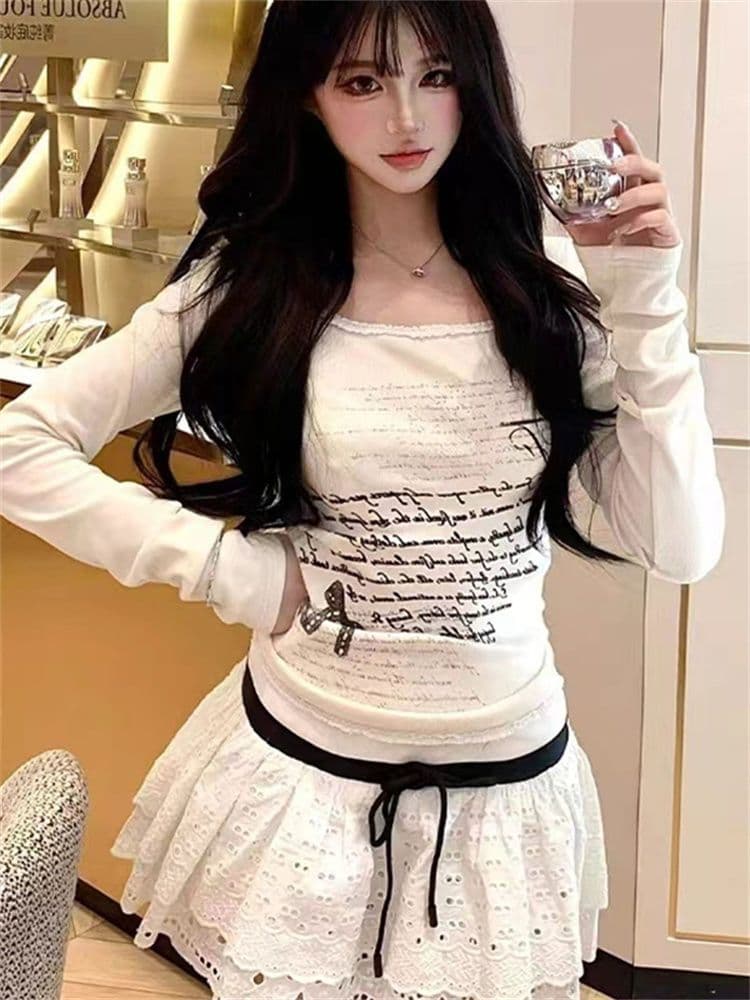 아메리칸 레트로 핫걸 알파벳 프린트 긴팔 티셔츠 몸매 가꾸기 레이스 맨위