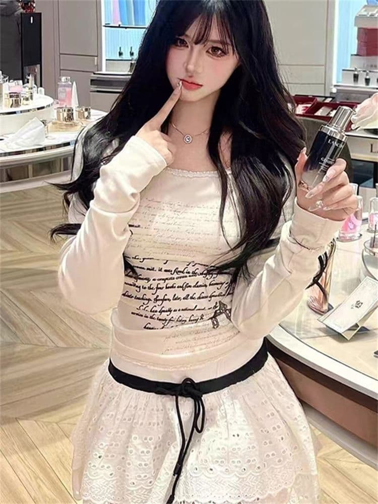 아메리칸 레트로 핫걸 알파벳 프린트 긴팔 티셔츠 몸매 가꾸기 레이스 맨위 이미지 3