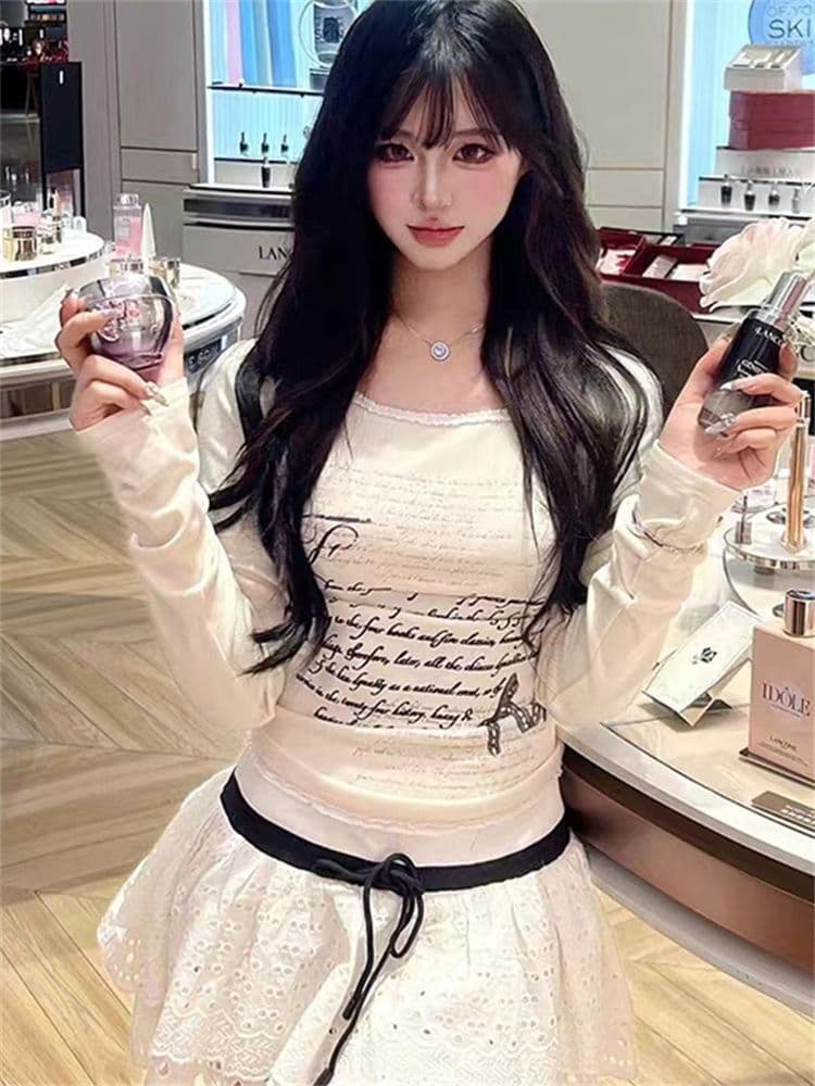 아메리칸 레트로 핫걸 알파벳 프린트 긴팔 티셔츠 몸매 가꾸기 레이스 맨위 이미지 4