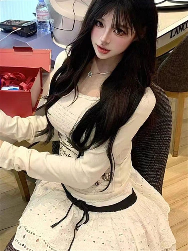 아메리칸 레트로 핫걸 알파벳 프린트 긴팔 티셔츠 몸매 가꾸기 레이스 맨위 이미지 2
