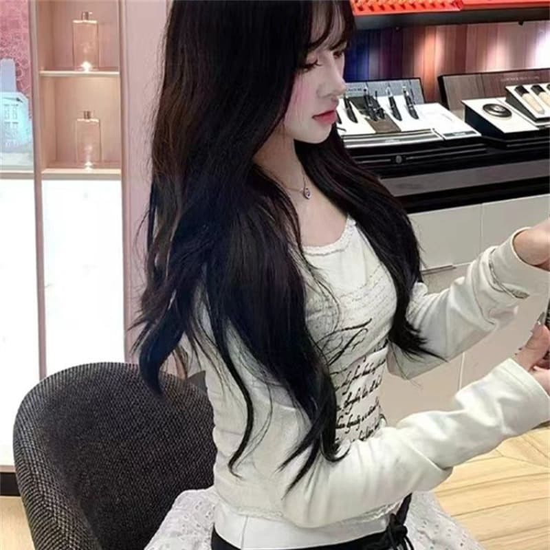 아메리칸 레트로 핫걸 알파벳 프린트 긴팔 티셔츠 몸매 가꾸기 레이스 맨위 이미지 5