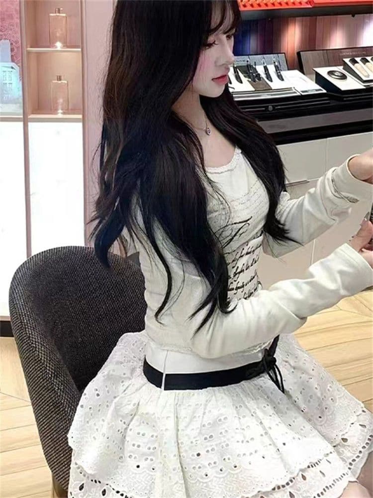 아메리칸 레트로 핫걸 알파벳 프린트 긴팔 티셔츠 몸매 가꾸기 레이스 맨위 상세 이미지 4