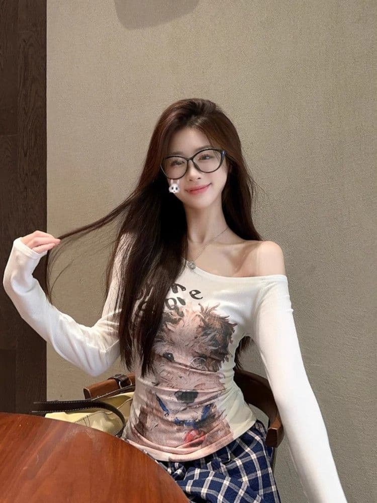 사람들 면 모달 아메리칸 핫걸 유화 개 프린트 긴팔 비스듬한 어깨 티셔츠 몸매 가꾸기 맨위