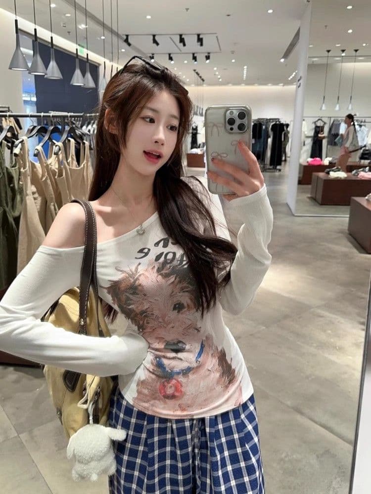 사람들 면 모달 아메리칸 핫걸 유화 개 프린트 긴팔 비스듬한 어깨 티셔츠 몸매 가꾸기 맨위 상세 이미지 4