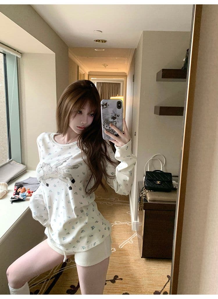 원본 원단 전체 인쇄 작은 꽃무늬 구덩이 기사 질감 센스 캐주얼 라운드 넥 긴팔 티셔츠 여성 조기 가을 만나는 맨위 상세 이미지 19