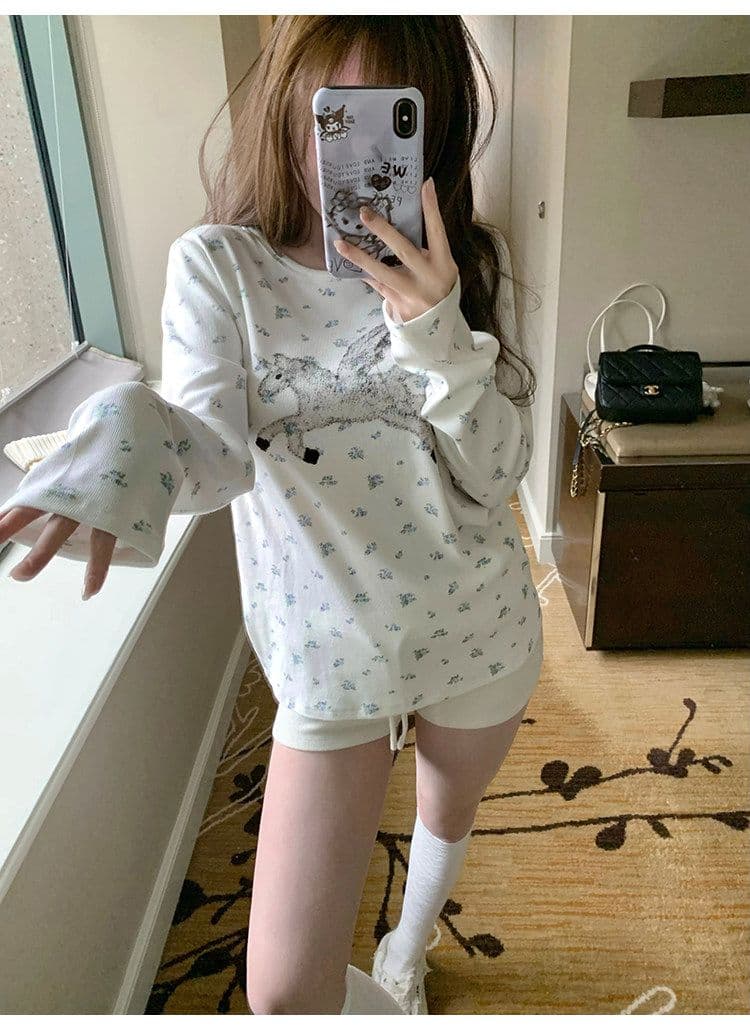 원본 원단 전체 인쇄 작은 꽃무늬 구덩이 기사 질감 센스 캐주얼 라운드 넥 긴팔 티셔츠 여성 조기 가을 만나는 맨위 상세 이미지 20