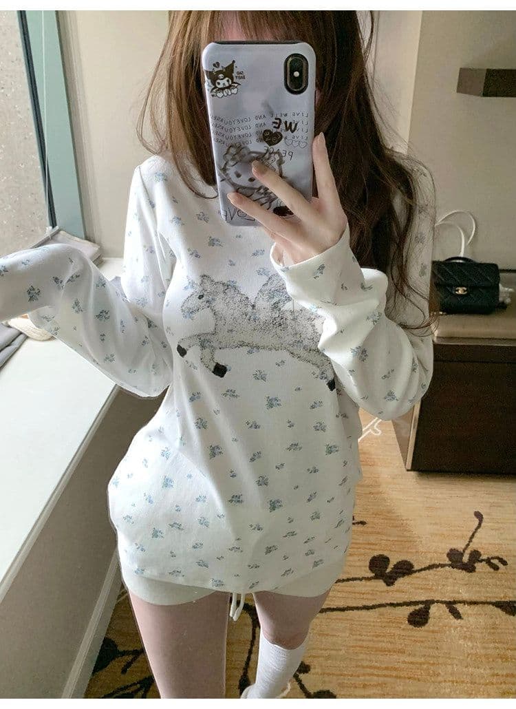 원본 원단 전체 인쇄 작은 꽃무늬 구덩이 기사 질감 센스 캐주얼 라운드 넥 긴팔 티셔츠 여성 조기 가을 만나는 맨위 상세 이미지 21