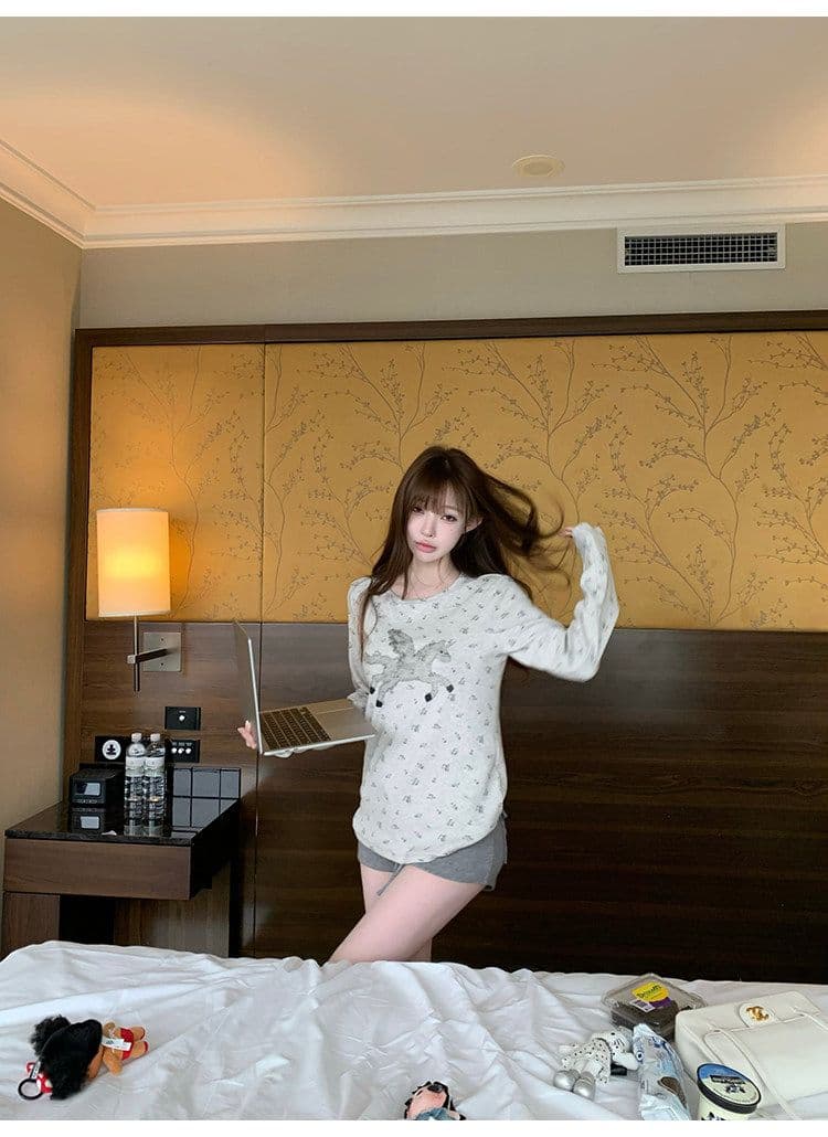 원본 원단 전체 인쇄 작은 꽃무늬 구덩이 기사 질감 센스 캐주얼 라운드 넥 긴팔 티셔츠 여성 조기 가을 만나는 맨위 상세 이미지 34