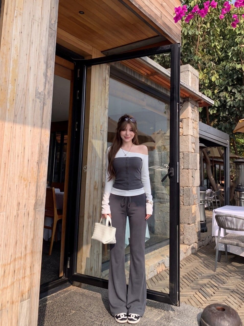 핫걸 배색 페이크 레이어드 긴팔 티셔츠 오프숄더 기본 셔츠 맨위 여성 의류 가을 캐주얼 바지 긴 바지 투피스 세트 이미지 4