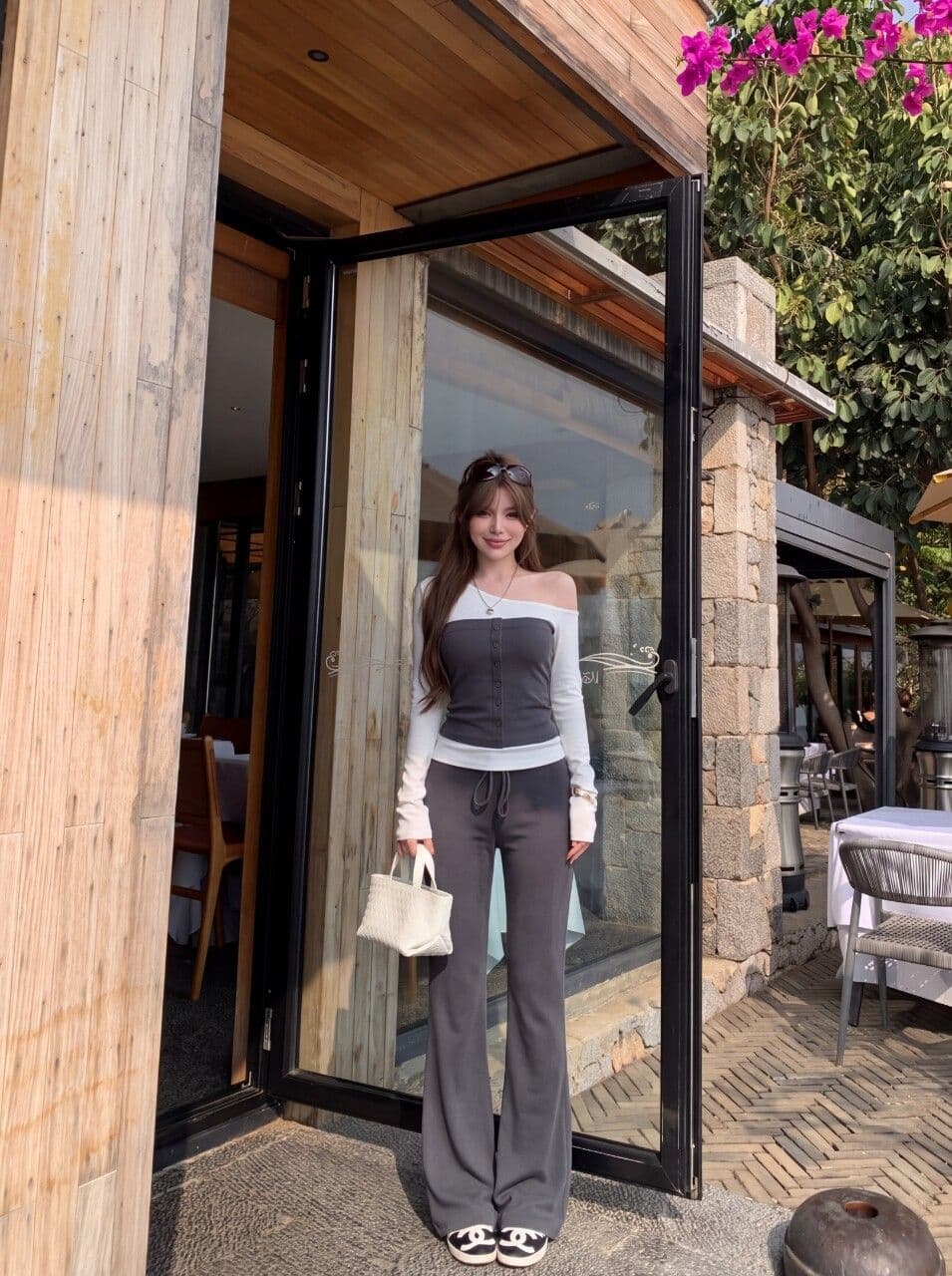핫걸 배색 페이크 레이어드 긴팔 티셔츠 오프숄더 기본 셔츠 맨위 여성 의류 가을 캐주얼 바지 긴 바지 투피스 세트 상세 이미지 5