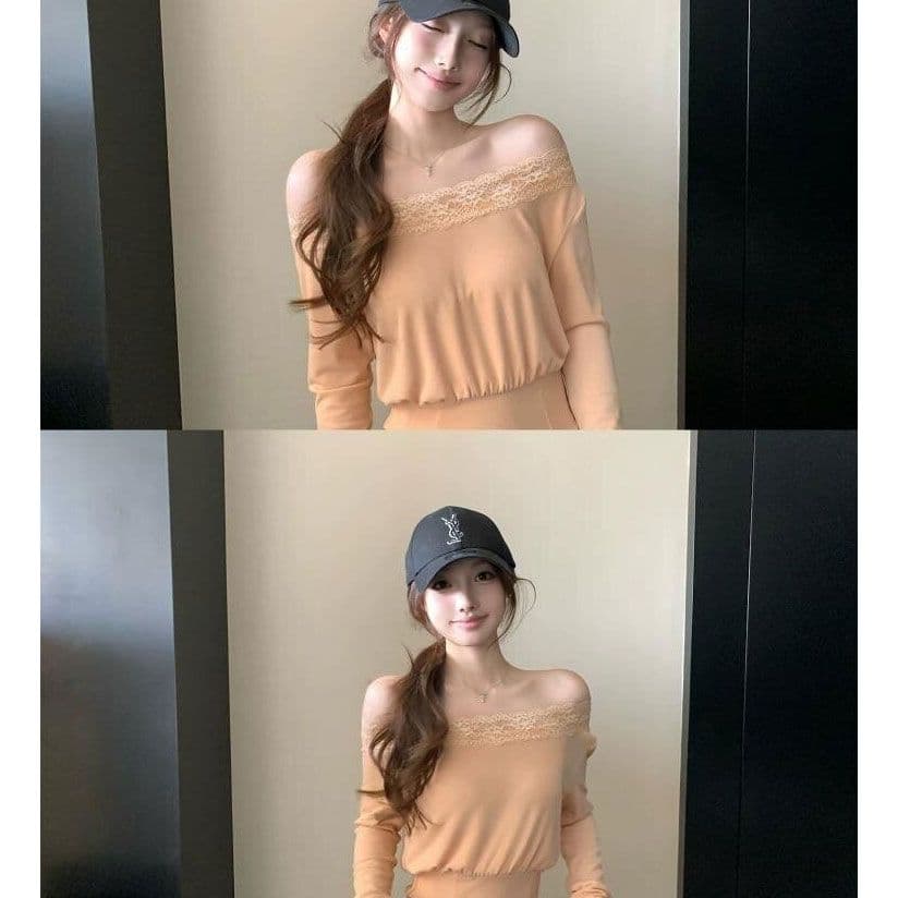 사람들 면 순수한 욕망 비스듬한 어깨 레이스 긴팔 티셔츠 여성 가을 허리 수축 슬림해 보이는 품격 디자인 센스 섹시함 핫걸 맨위 이미지 4