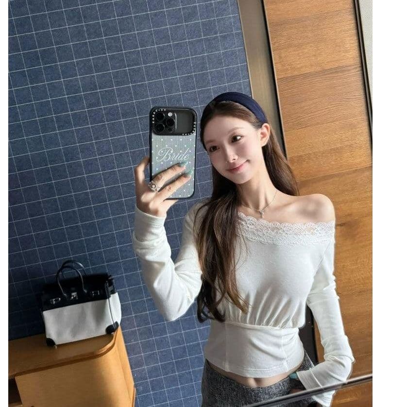 사람들 면 순수한 욕망 비스듬한 어깨 레이스 긴팔 티셔츠 여성 가을 허리 수축 슬림해 보이는 품격 디자인 센스 섹시함 핫걸 맨위 이미지 5