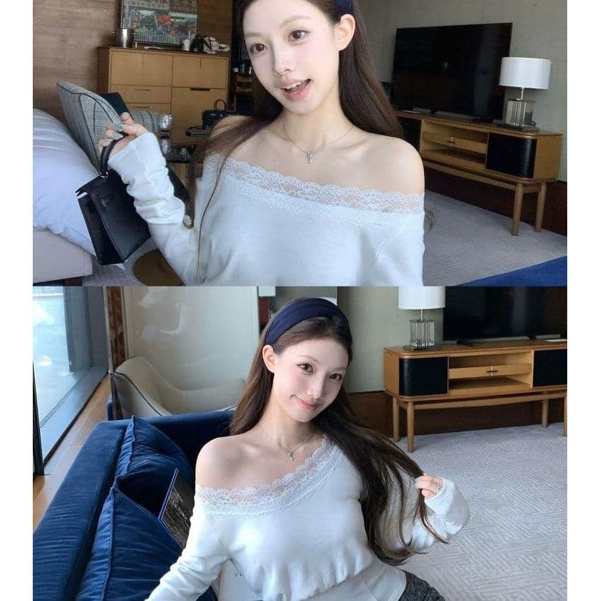 사람들 면 순수한 욕망 비스듬한 어깨 레이스 긴팔 티셔츠 여성 가을 허리 수축 슬림해 보이는 품격 디자인 센스 섹시함 핫걸 맨위 상세 이미지 5