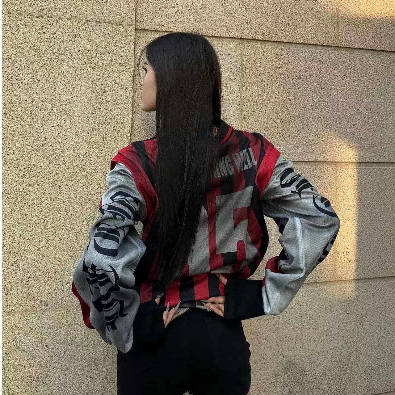 원본 저지 원단 원본 솜씨 다크 바람 배색 패치워크 스트라이프 루즈핏 폴로 칼라 긴팔 후드티 남녀 가을 이미지 5