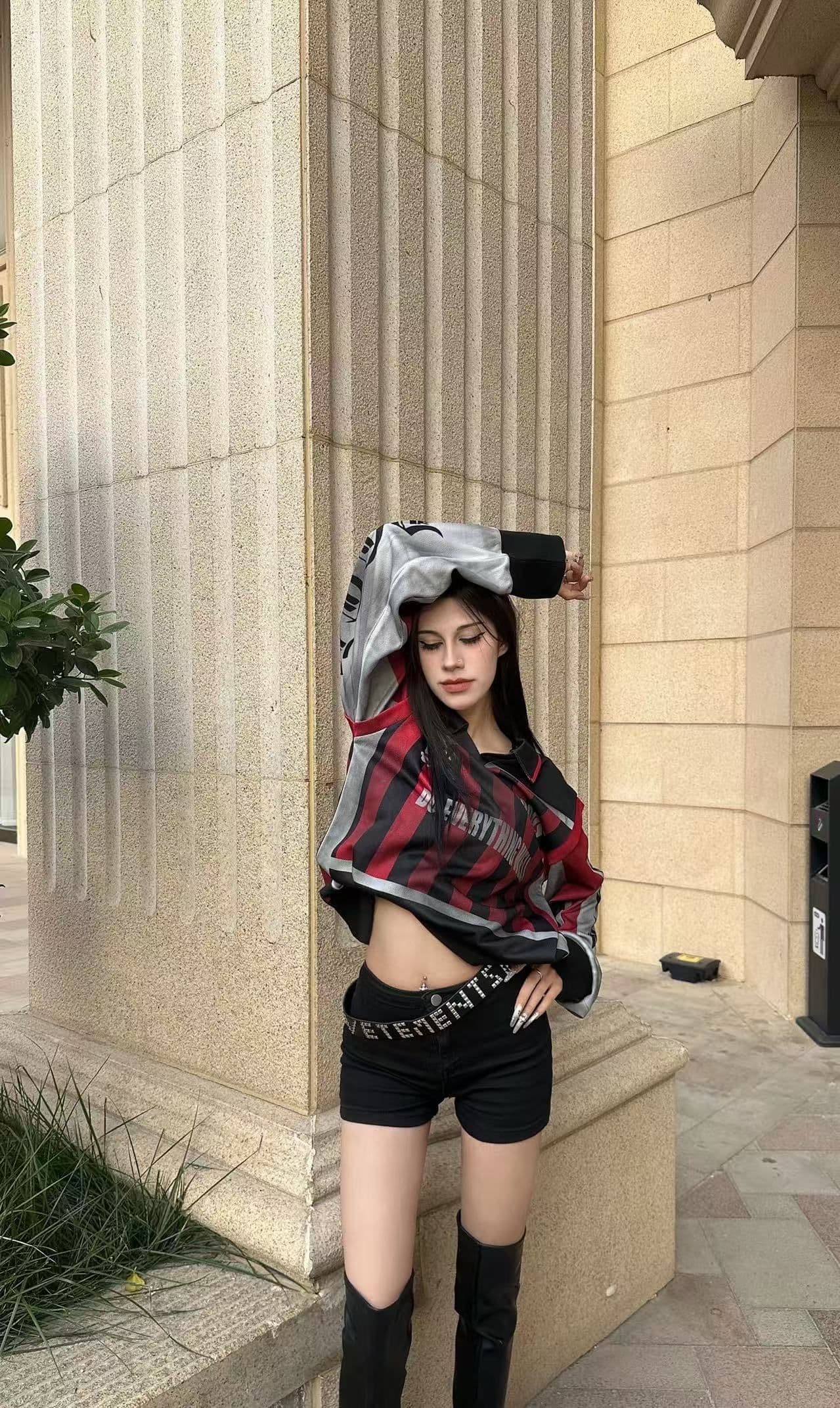 원본 저지 원단 원본 솜씨 다크 바람 배색 패치워크 스트라이프 루즈핏 폴로 칼라 긴팔 후드티 남녀 가을 상세 이미지 8