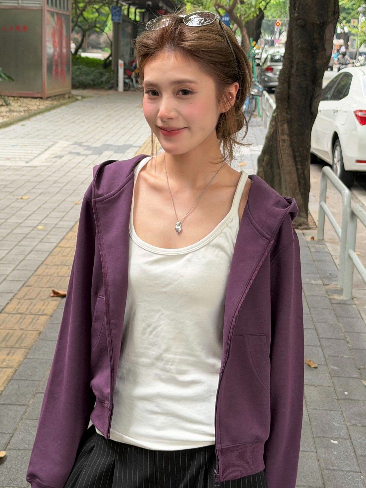 후아 면 복합 롱 코트 2026 루즈핏 캐주얼 후드 재킷 보라색 이른 가을 후드티 오픈 가디건 여성 상세 이미지 2