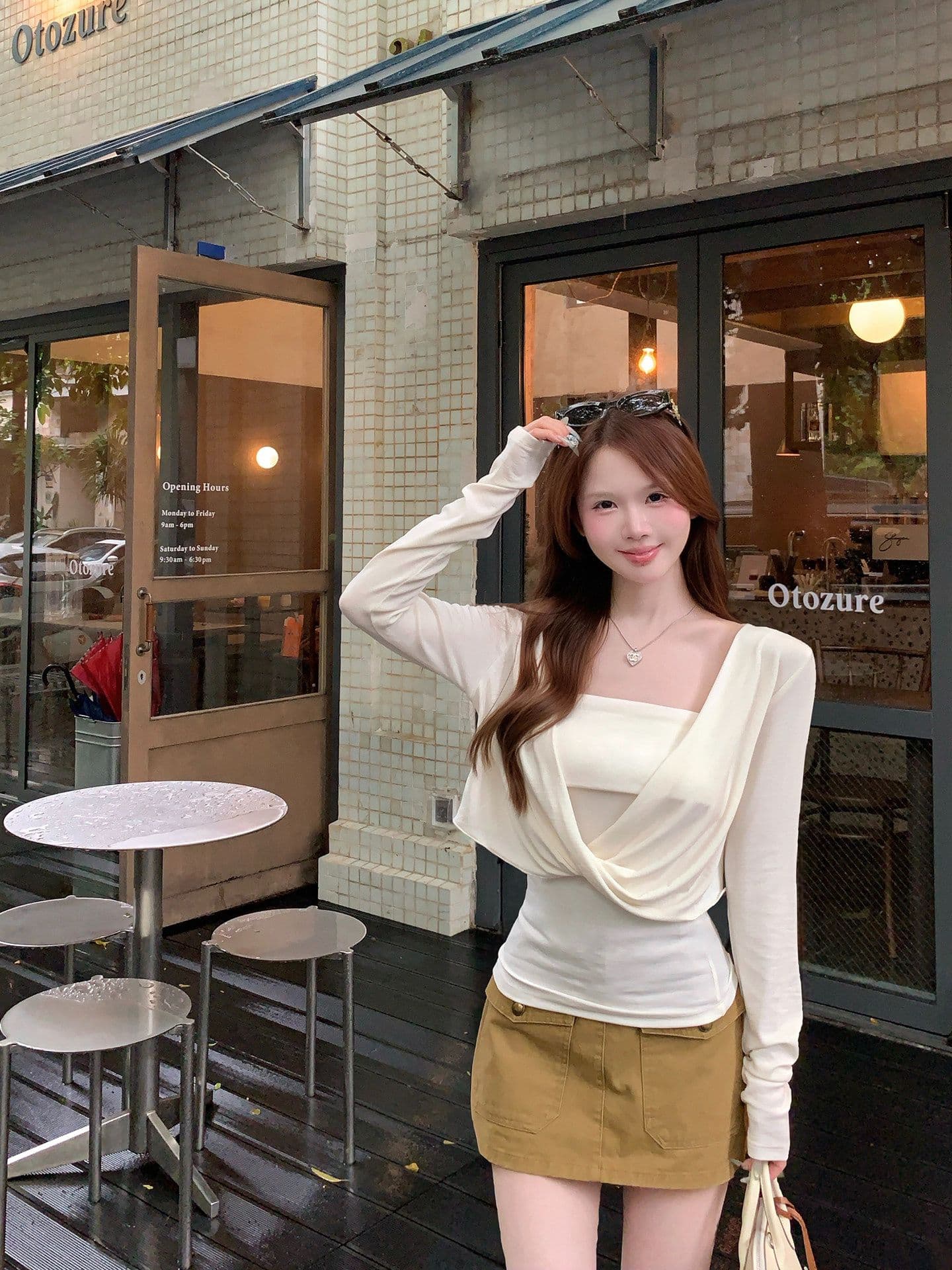 200그램 사람들 면 살구 색상 튜브탑 작은 조끼 여성 이른 가을 분위기 센스 비틀림 긴팔 블라우스 티셔츠 투피스 세트 이미지 4