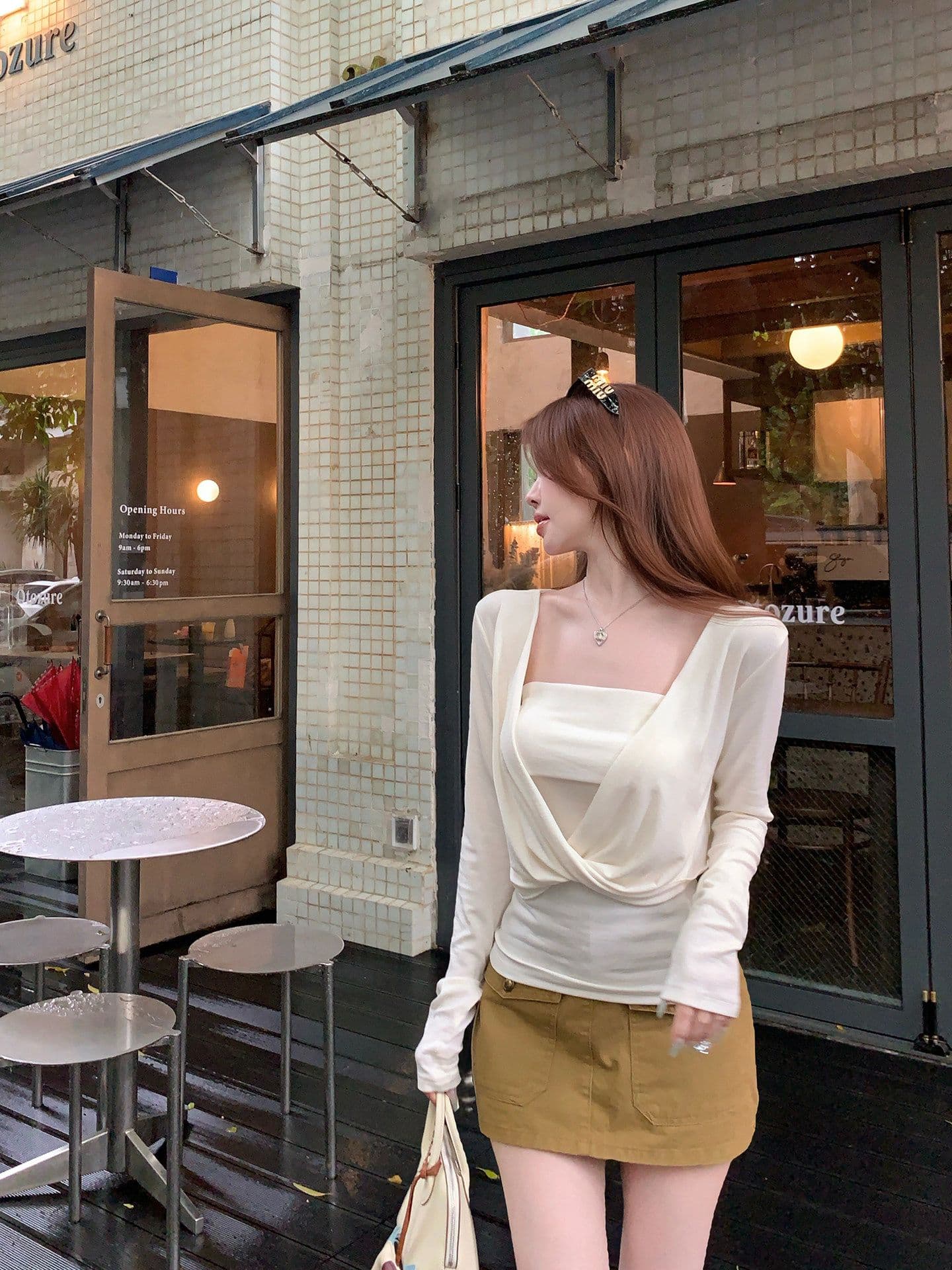 200그램 사람들 면 살구 색상 튜브탑 작은 조끼 여성 이른 가을 분위기 센스 비틀림 긴팔 블라우스 티셔츠 투피스 세트 상세 이미지 3