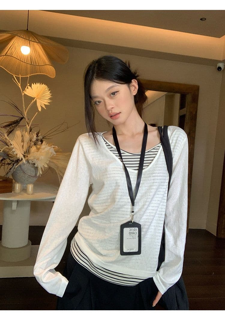 게으른 면 면 원본 스트라이프 화이트 스트라이프 페이크 레이어드 긴팔 티셔츠 여성 루즈핏 느긋한 바람 블라우스 맨위 상세 이미지 4