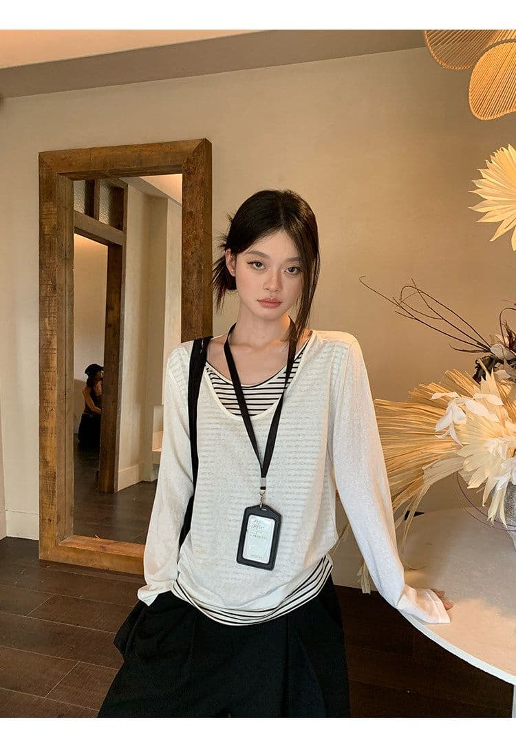 게으른 면 면 원본 스트라이프 화이트 스트라이프 페이크 레이어드 긴팔 티셔츠 여성 루즈핏 느긋한 바람 블라우스 맨위 상세 이미지 5