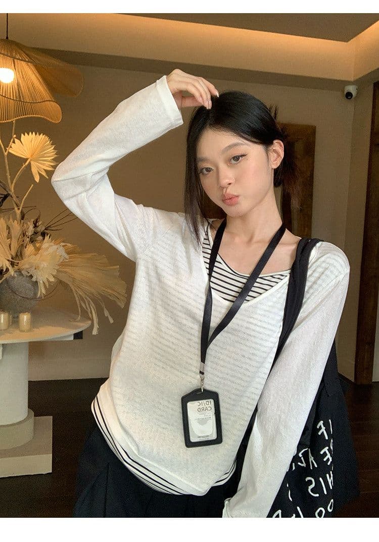 게으른 면 면 원본 스트라이프 화이트 스트라이프 페이크 레이어드 긴팔 티셔츠 여성 루즈핏 느긋한 바람 블라우스 맨위 상세 이미지 11