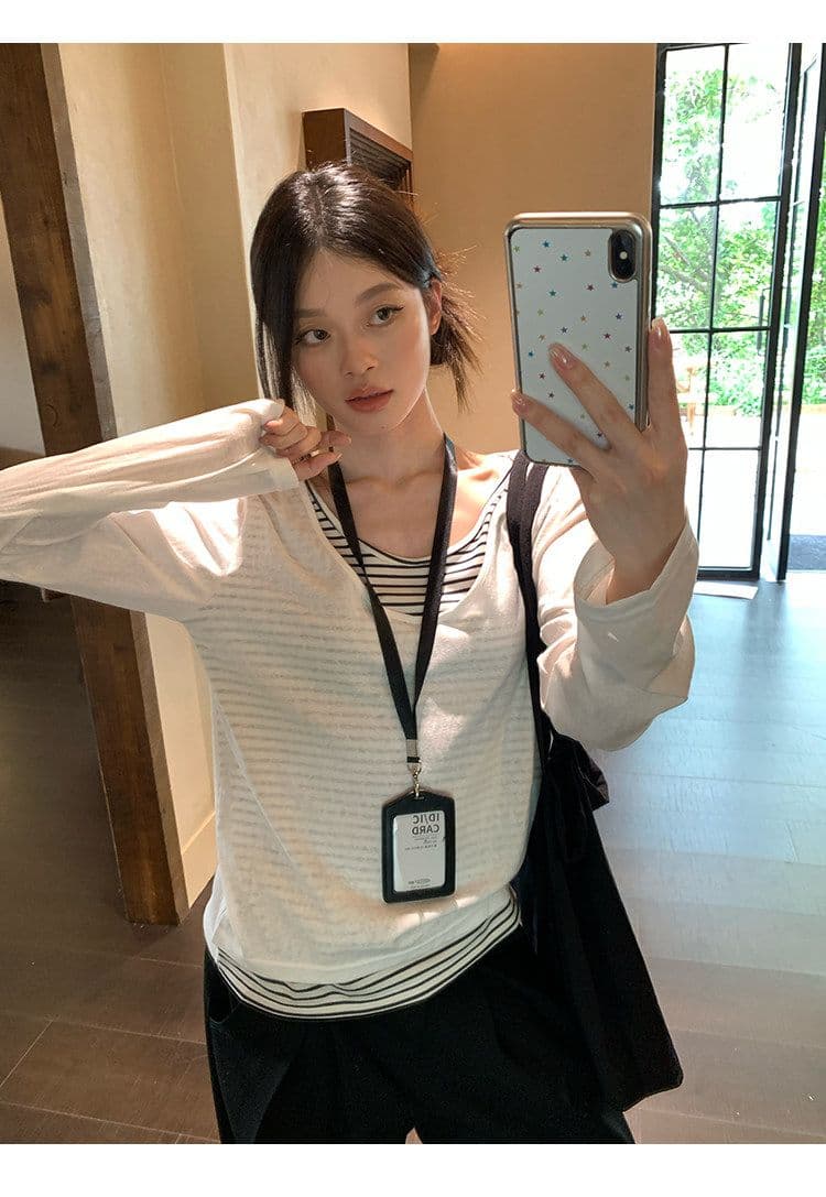 게으른 면 면 원본 스트라이프 화이트 스트라이프 페이크 레이어드 긴팔 티셔츠 여성 루즈핏 느긋한 바람 블라우스 맨위 상세 이미지 13