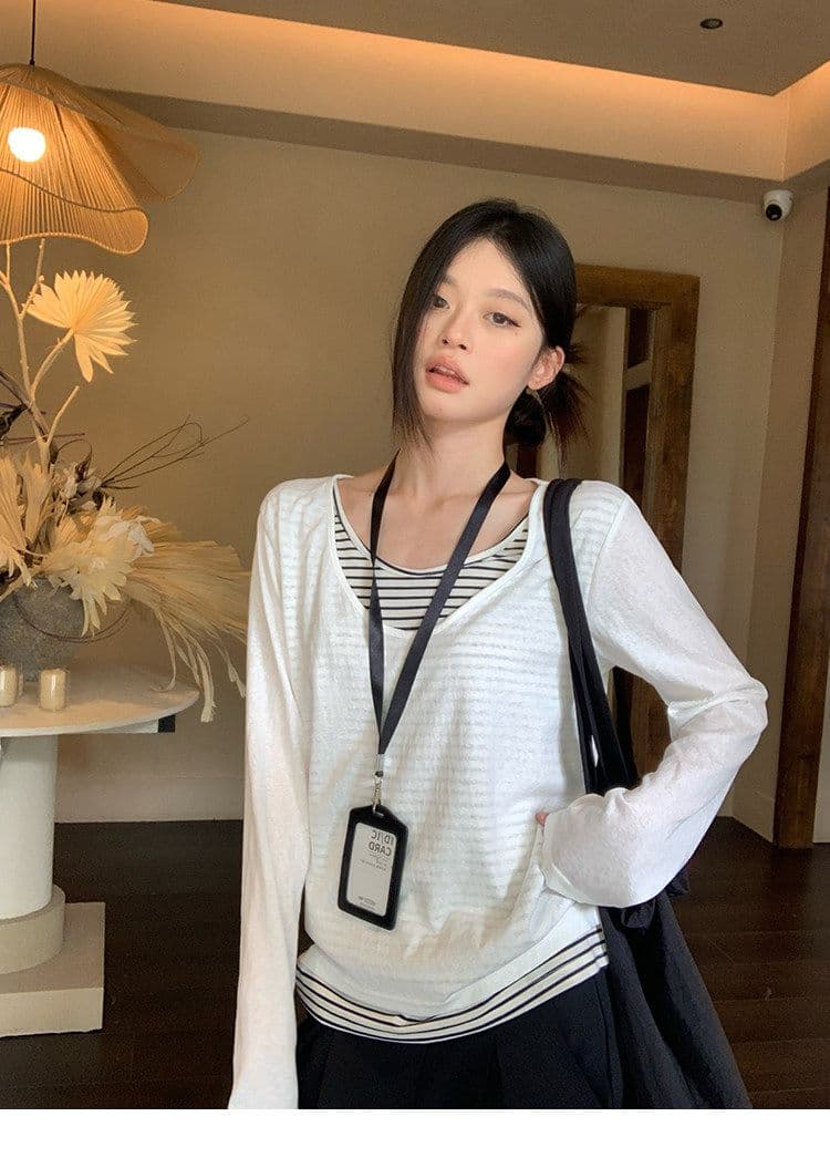 게으른 면 면 원본 스트라이프 화이트 스트라이프 페이크 레이어드 긴팔 티셔츠 여성 루즈핏 느긋한 바람 블라우스 맨위 상세 이미지 15