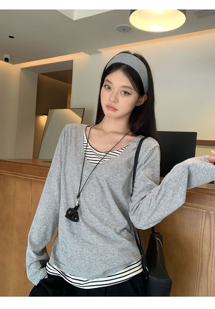 게으른 면 면 원본 스트라이프 화이트 스트라이프 페이크 레이어드 긴팔 티셔츠 여성 루즈핏 느긋한 바람 블라우스 맨위 상세 이미지 26