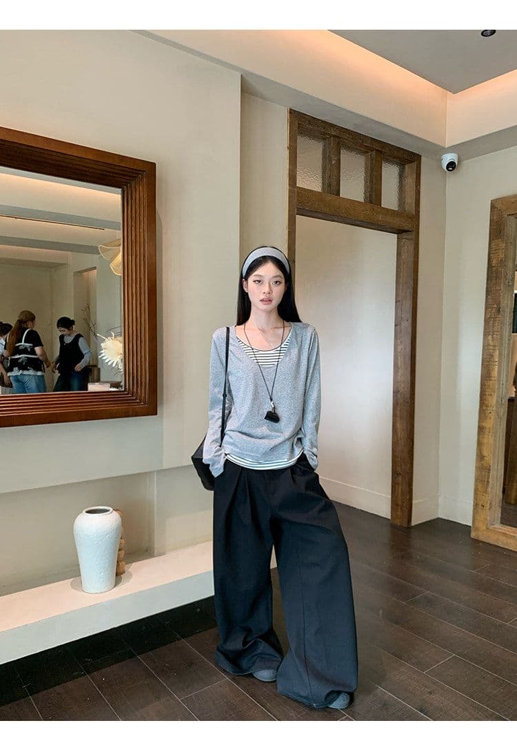 게으른 면 면 원본 스트라이프 화이트 스트라이프 페이크 레이어드 긴팔 티셔츠 여성 루즈핏 느긋한 바람 블라우스 맨위 상세 이미지 28