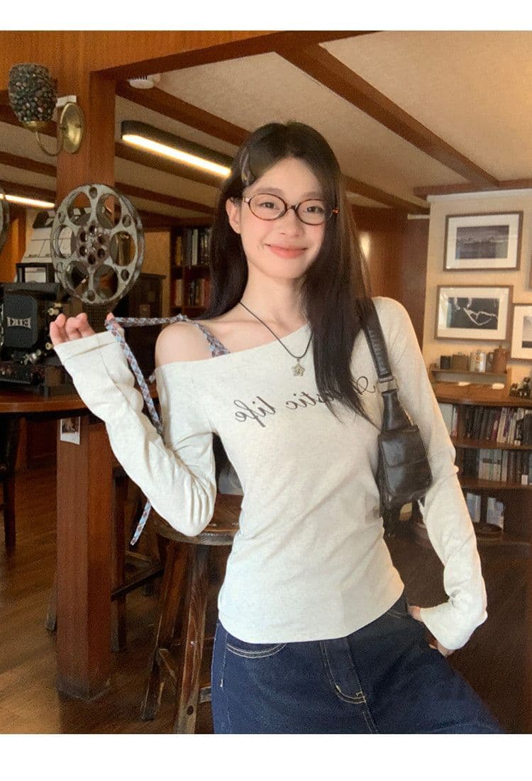 40 92 면 8 암모니아 Lun 2026 꽃 회색 비스듬한 어깨 체크무늬 스트랩 티셔츠 가을 알파벳 프린트 몸매 가꾸기 긴팔 맨위 상세 이미지 7