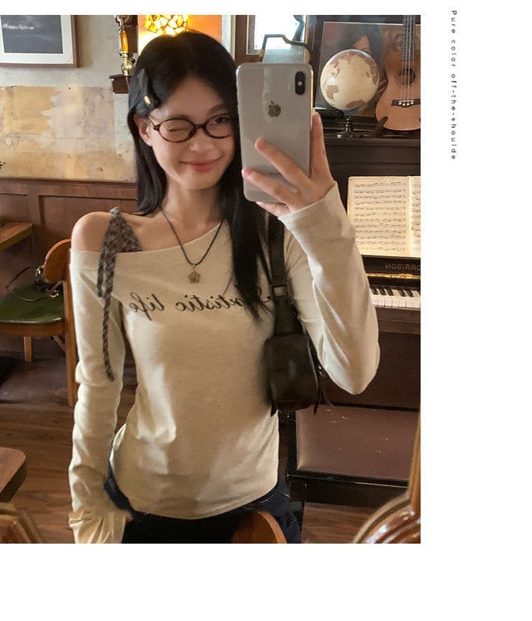 40 92 면 8 암모니아 Lun 2026 꽃 회색 비스듬한 어깨 체크무늬 스트랩 티셔츠 가을 알파벳 프린트 몸매 가꾸기 긴팔 맨위 상세 이미지 9