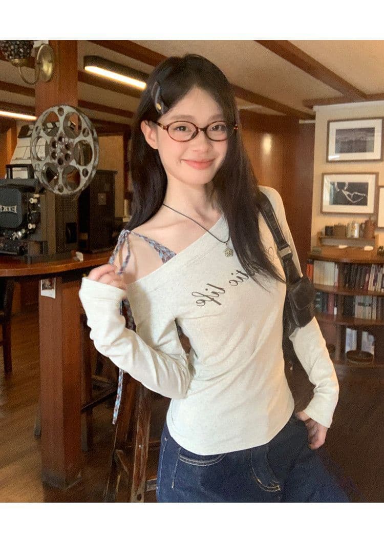 40 92 면 8 암모니아 Lun 2026 꽃 회색 비스듬한 어깨 체크무늬 스트랩 티셔츠 가을 알파벳 프린트 몸매 가꾸기 긴팔 맨위 상세 이미지 18