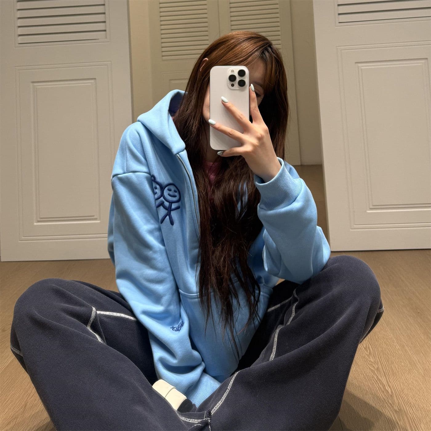 후아 면 복합 가을 겨울 신선함 파란색 경기 사람들 지퍼 후드 티 스웨터 재킷 달콤한 차가운 맨위 트렌디 상세 이미지 7