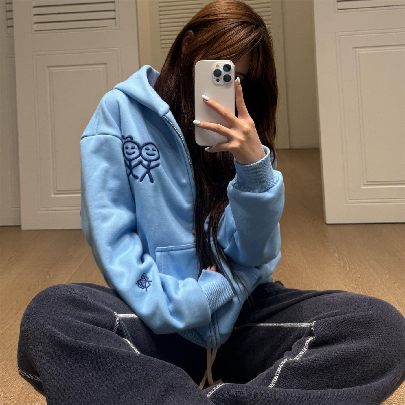 후아 면 복합 가을 겨울 신선함 파란색 경기 사람들 지퍼 후드 티 스웨터 재킷 달콤한 차가운 맨위 트렌디 상세 이미지 10