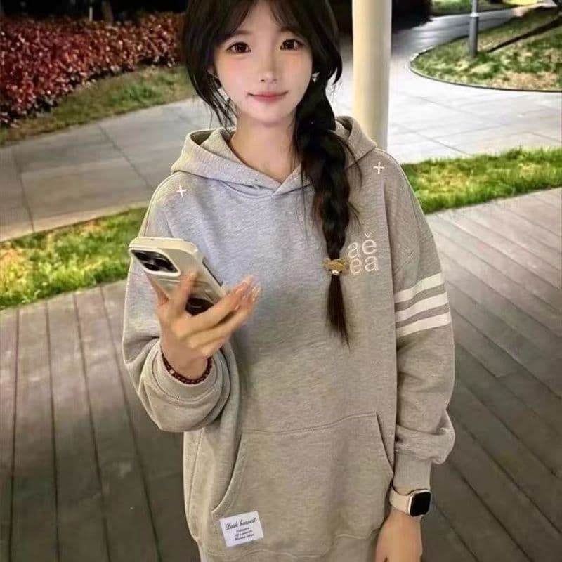 좋은 품질 원본 전후 자수 주문 표준 음식 털 후아 면 복합 후드 티 스웨터 여성 상세 이미지 5
