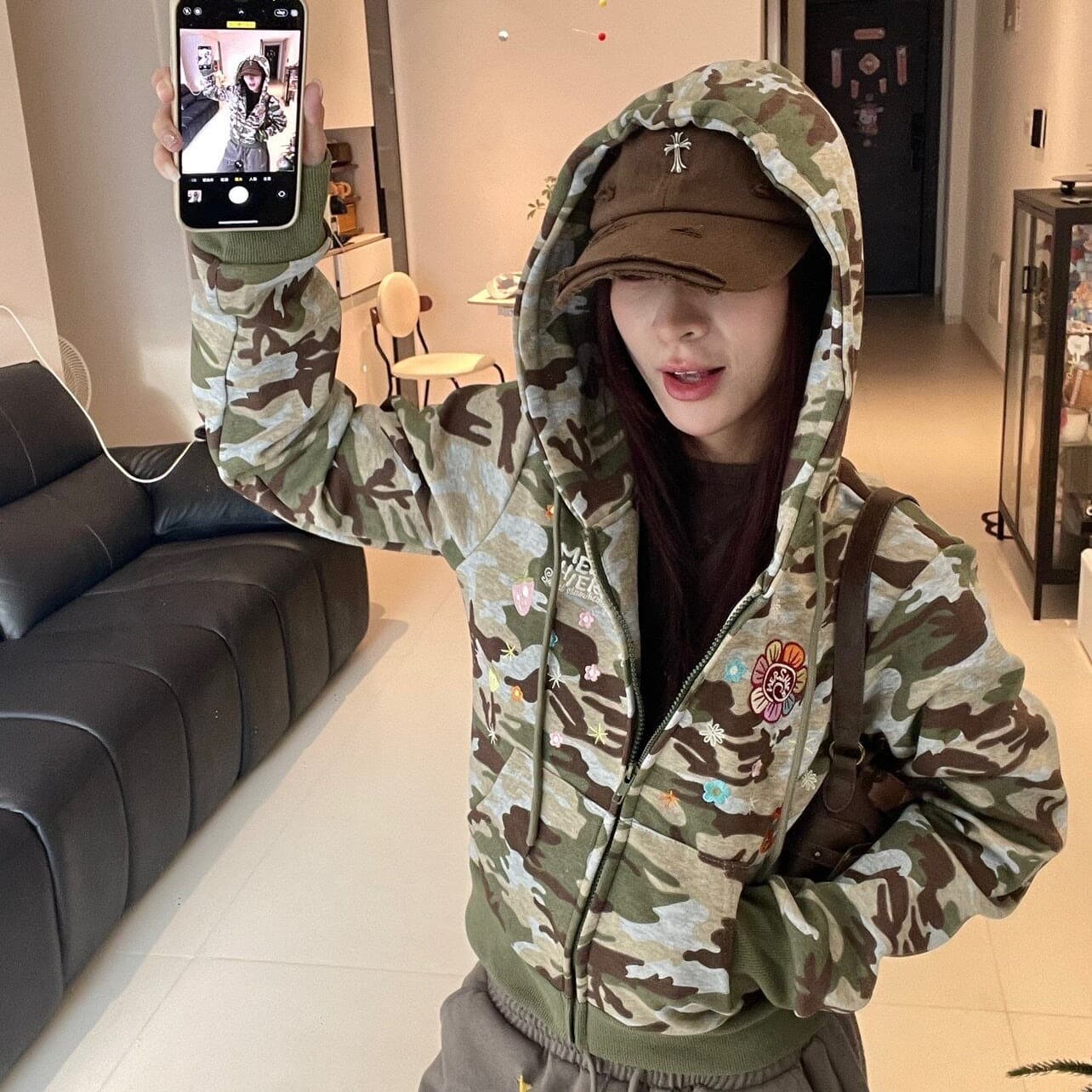 얇은 스타일 자수 인사이드 펌프 복합 이후 패키지 칼라 순수한 Mianhua 면 복합 후드티 여성 이미지 5