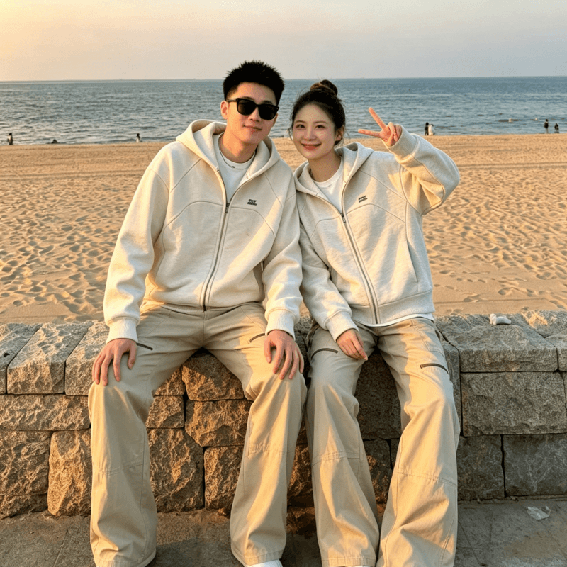 복합 원단 400g 자수 폴로 칼라 봄 가을 무거운 오픈 가디건 재킷 후드 커플 후드티 재킷