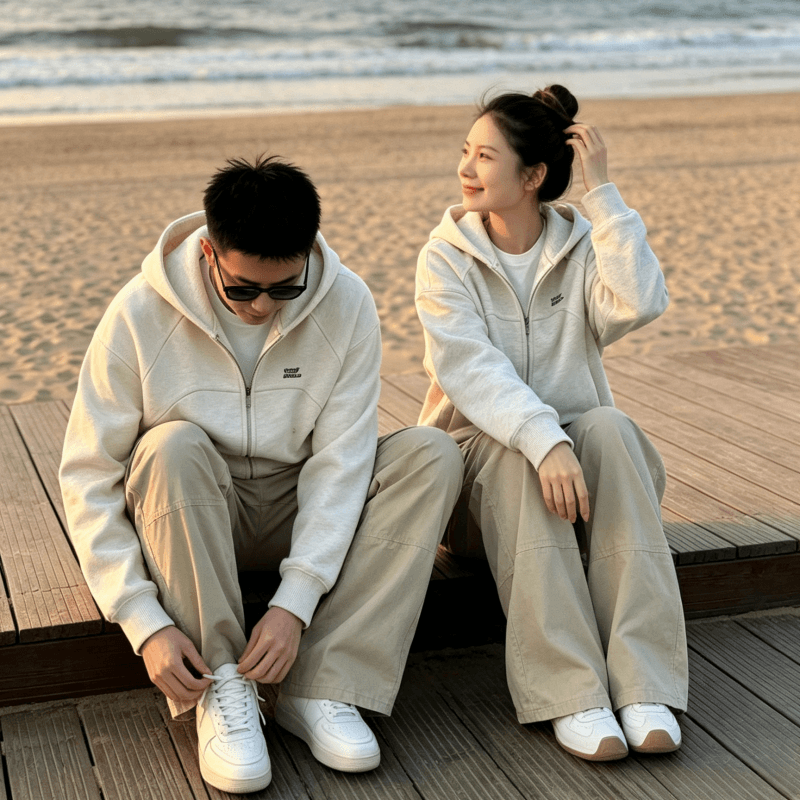 복합 원단 400g 자수 폴로 칼라 봄 가을 무거운 오픈 가디건 재킷 후드 커플 후드티 재킷 이미지 4