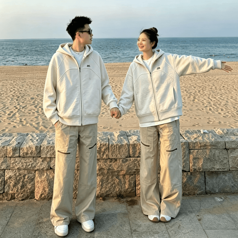 복합 원단 400g 자수 폴로 칼라 봄 가을 무거운 오픈 가디건 재킷 후드 커플 후드티 재킷 이미지 2