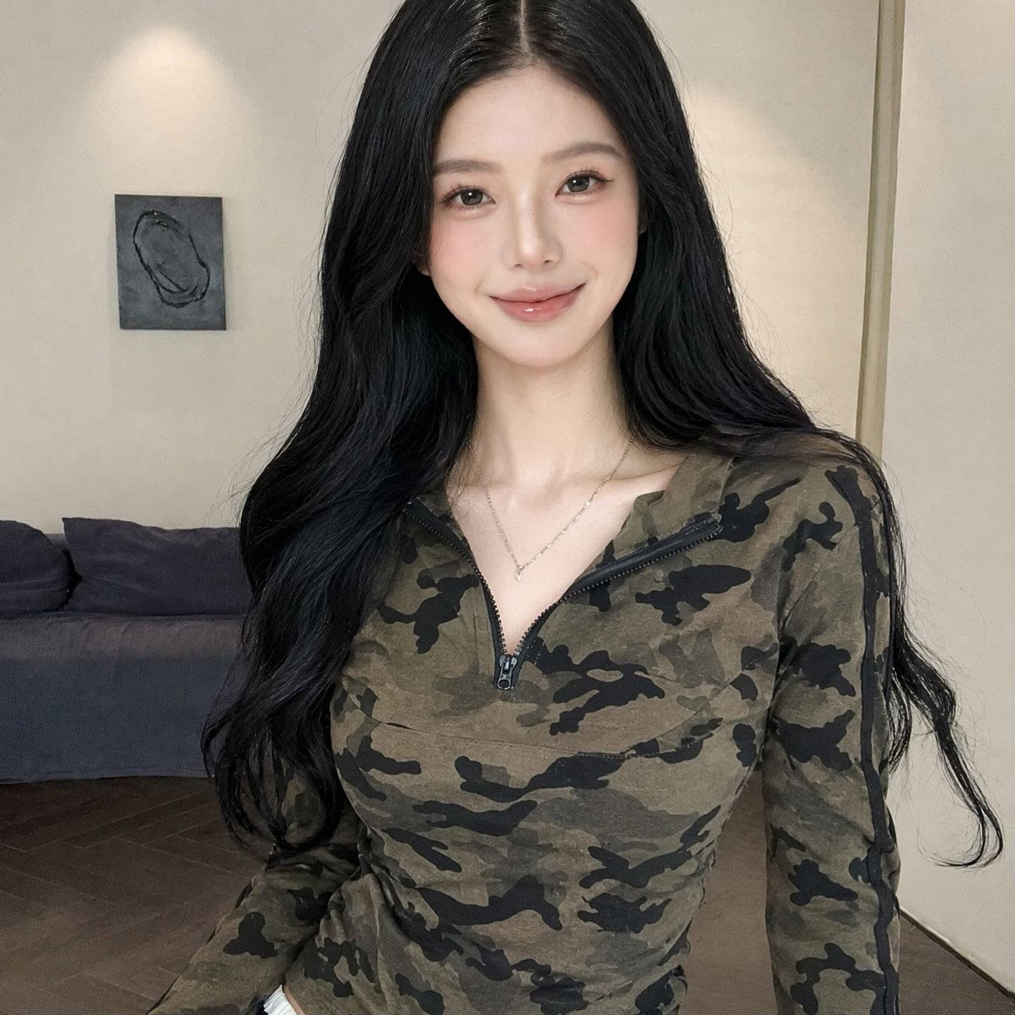 경관 그림 카모플라주 홀치기 염색 긴팔 티셔츠 여성 이른 가을 한국 스타일 후드 몸매 가꾸기 쇼트 스타일 핫걸 맨위 여성 이미지 5