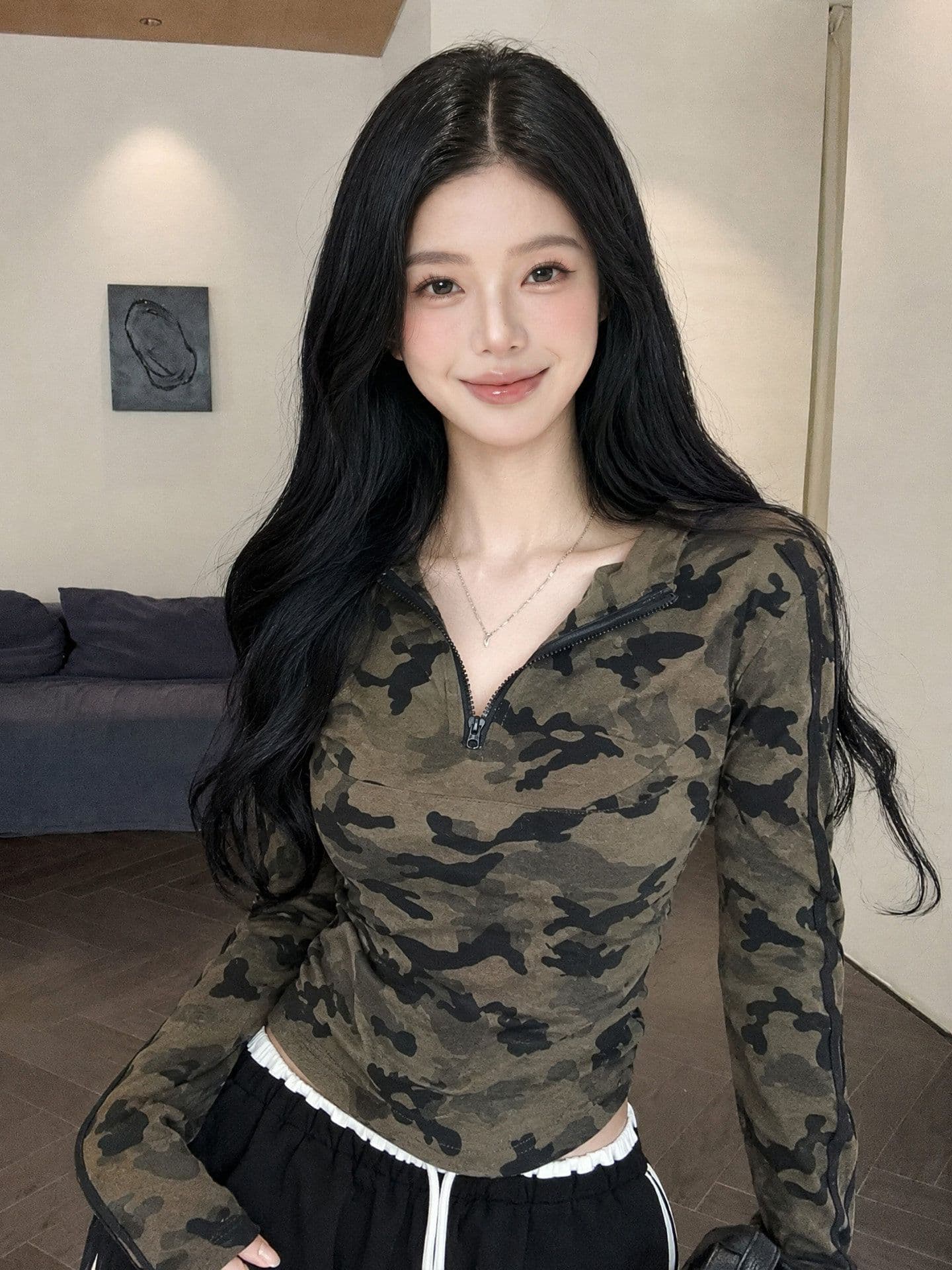 경관 그림 카모플라주 홀치기 염색 긴팔 티셔츠 여성 이른 가을 한국 스타일 후드 몸매 가꾸기 쇼트 스타일 핫걸 맨위 여성 상세 이미지 6