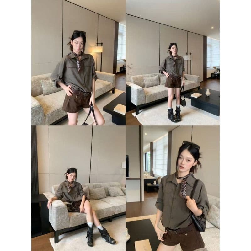 원본 품질 면 마 소재 군용 녹색 중간 소매 셔츠 가을 루즈핏 캐주얼 출퇴근 긴팔 셔츠 이미지 3