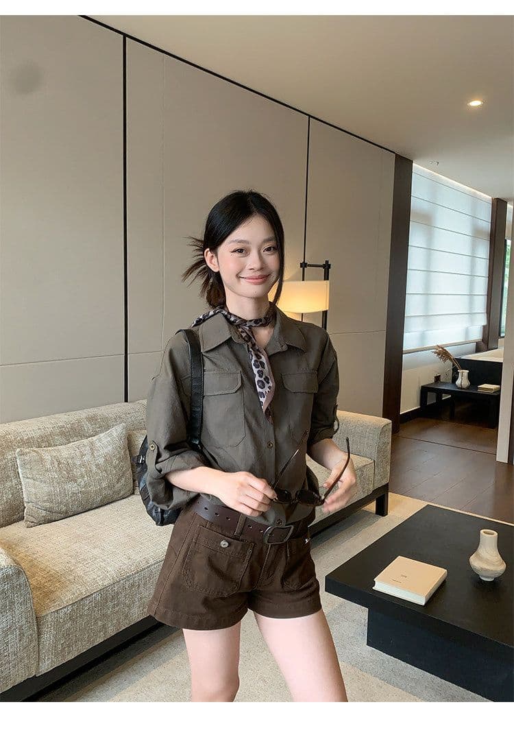 원본 품질 면 마 소재 군용 녹색 중간 소매 셔츠 가을 루즈핏 캐주얼 출퇴근 긴팔 셔츠 상세 이미지 18