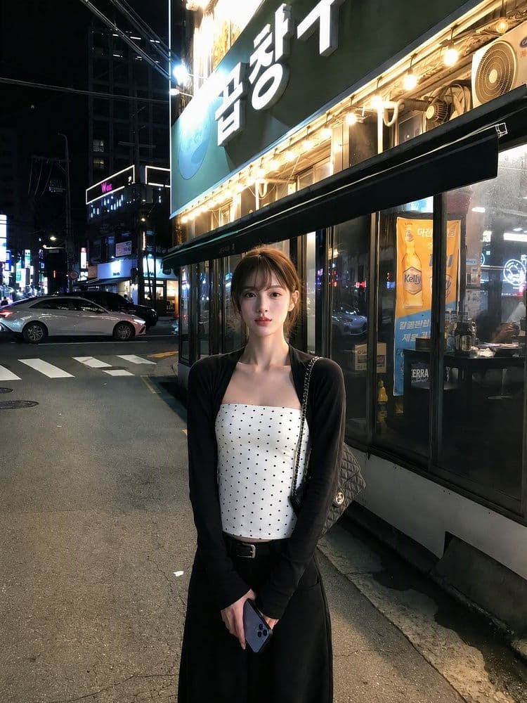 1 1 와 사고 방식 260 그램 페이크 레이어드 도트 무늬 튜브탑 긴팔 티셔츠 여성 가을 기본 셔츠 몸매 가꾸기 슬림해 보이는 맨위 상세 이미지 5