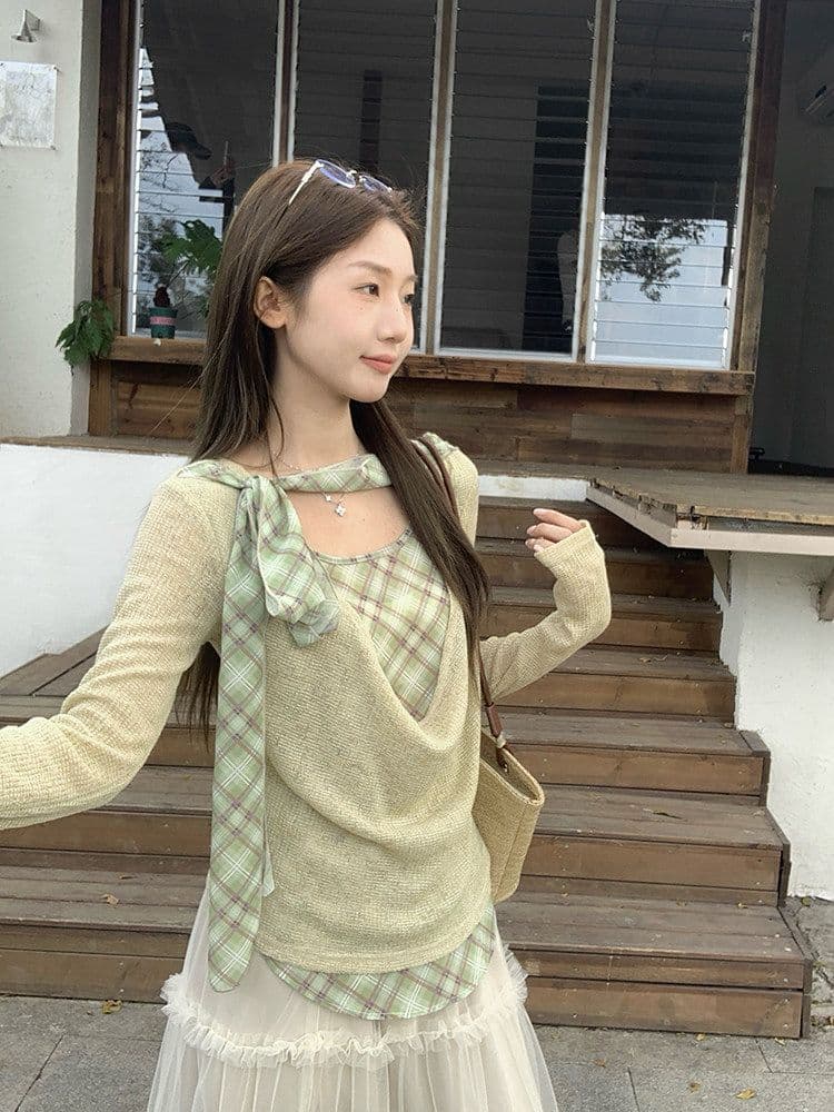 이른 가을 흔들다 칼라 패치워크 체크무늬 리본 페이크 레이어드 맨위 여성 디자인 주름 다용도 긴팔 티셔츠 상세 이미지 13
