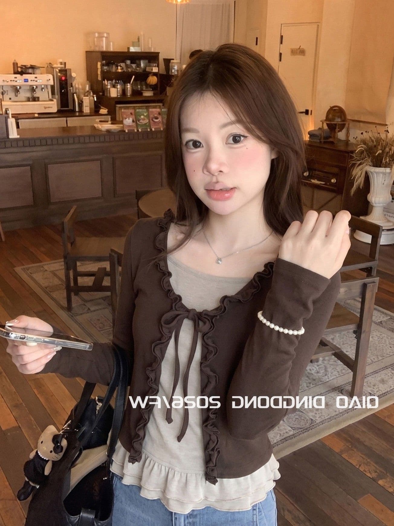 양모 품격 페이크 레이어드 프릴 레이스업 긴팔 티셔츠 여성 조기 가을 새로운 작은 대중 슬림해 보이는 오픈 가디건 맨위 이미지 2