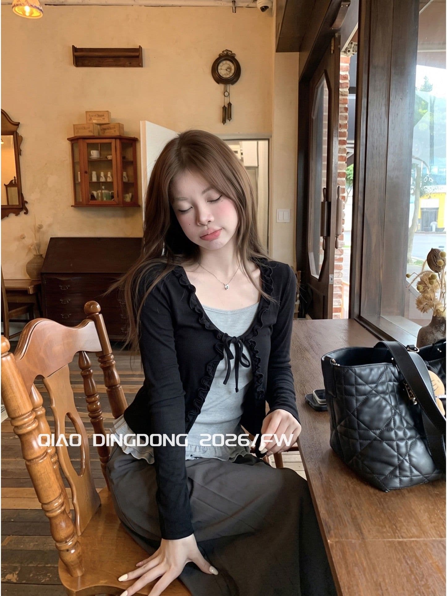 양모 품격 페이크 레이어드 프릴 레이스업 긴팔 티셔츠 여성 조기 가을 새로운 작은 대중 슬림해 보이는 오픈 가디건 맨위 이미지 3